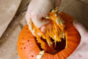 Gröp ur fröerna med händerna (spara dem och rosta – mums!). Du kan använda en sked för att gröpa ur pumpaköttet och göra väggarna lite tunnare. Pumpaköttet är gott i matlagningen!